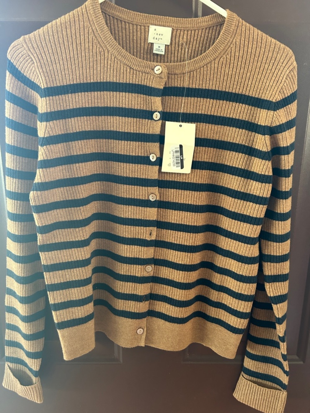 a new day Camel and Black Striped Ribbed Button Cardigan